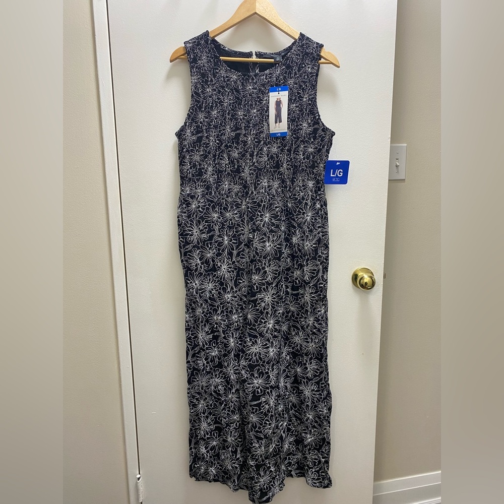Andrew Marc Black Jumpsuit with White Floral Line Print